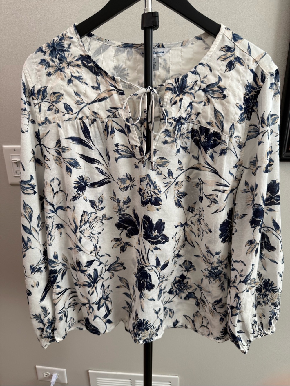 Tommy Bahama White Long-Sleeve Top with Navy Floral Print